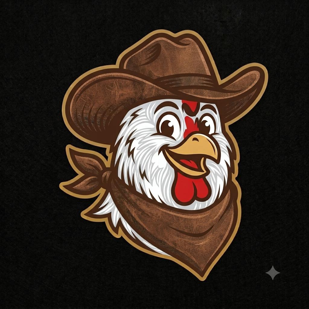 Mascota de Pollo Forajido con sombrero vaquero y paliacate